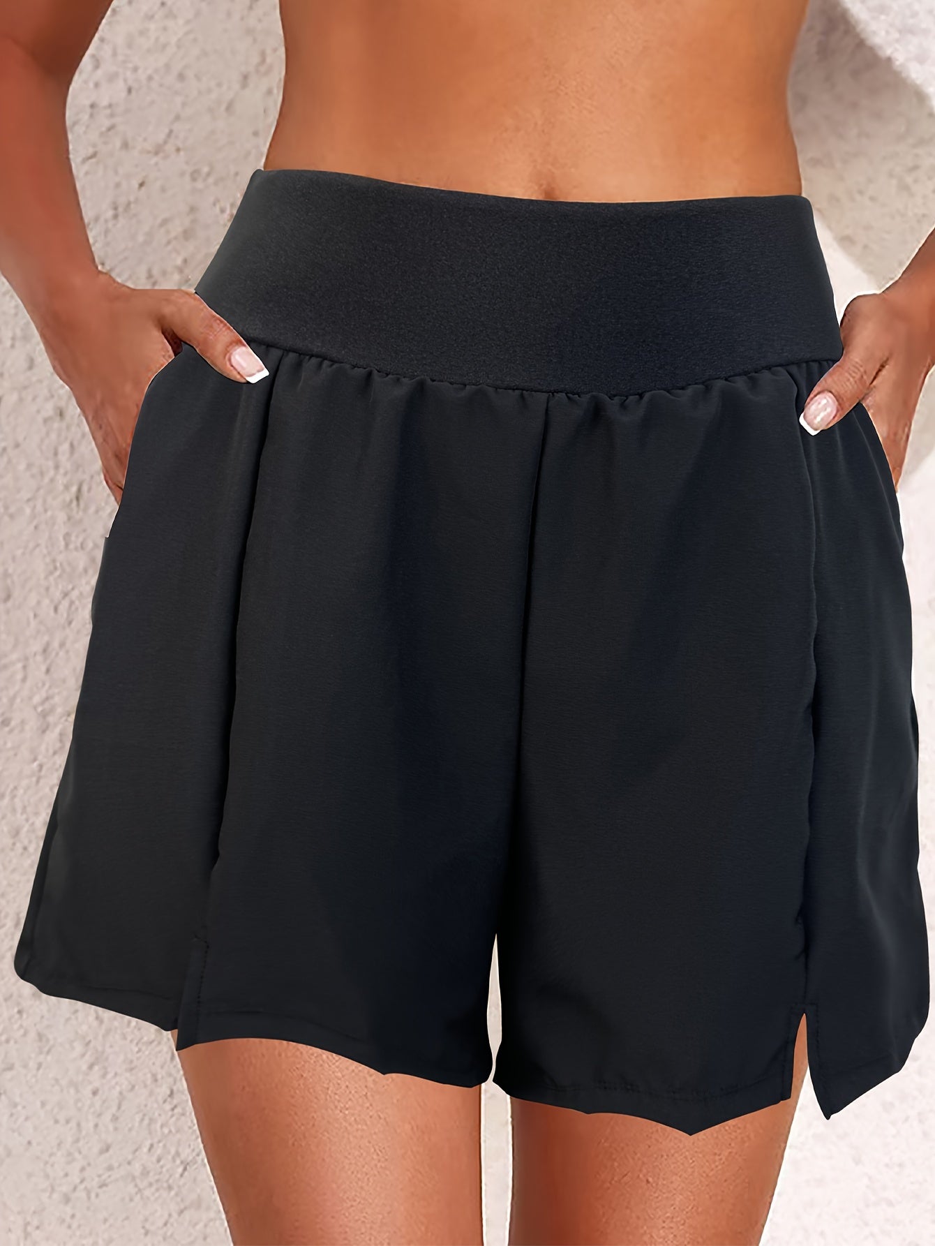 QVR Women's High-Waist Swim Shorts - Solid color, nylon & spandex blend, non-see-through, with pockets. Ideal for beach vacations.