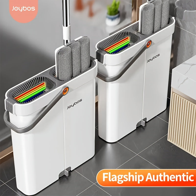 Introducing the Joybos 15.55in/39.5cm Mop and Bucket Set! This convenient set includes a No-Hand-Wash Flat Mop with 3 Washable Microfiber Cloths, perfect for both wet and dry use. Ideal for tiles, wood, marble, and more, this set is versatile and