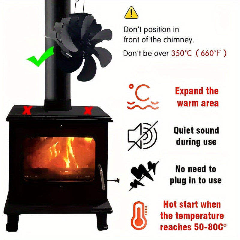 6-Blade Fireplace Fan for Wood Stoves and Chimneys - Efficiently Circulates Heat without Power, Perfect for Wood Burning, Gas, and Pellet Stoves