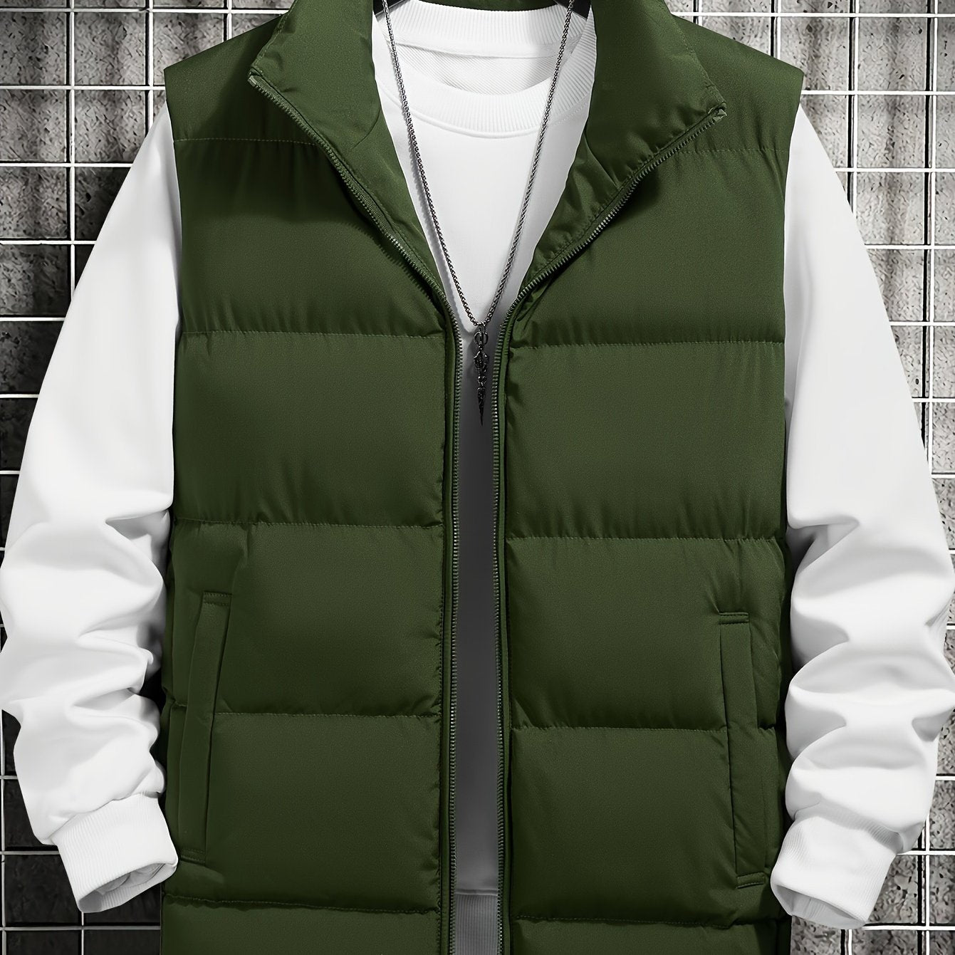 Men's casual stand collar vest made from 100% polyester fiber filled with solid color non-stretch woven fabric. Regular fit, sleeveless, suitable for fall/winter outerwear. 280gsm outer