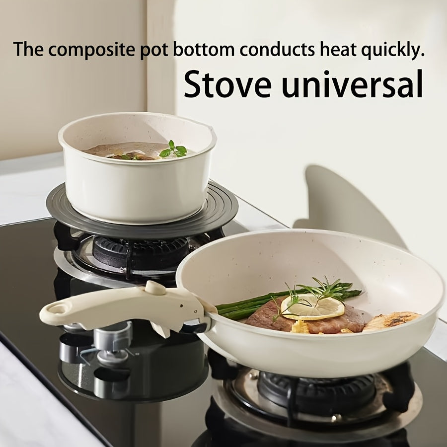 Complete your kitchen essentials with this stackable Cast Iron Cookware Set. Featuring detachable handles, Non-Stick Maifan Stone coating, and versatile pots for frying, stirring, soups, and milk, this set is a space-saving solution for any home chef.