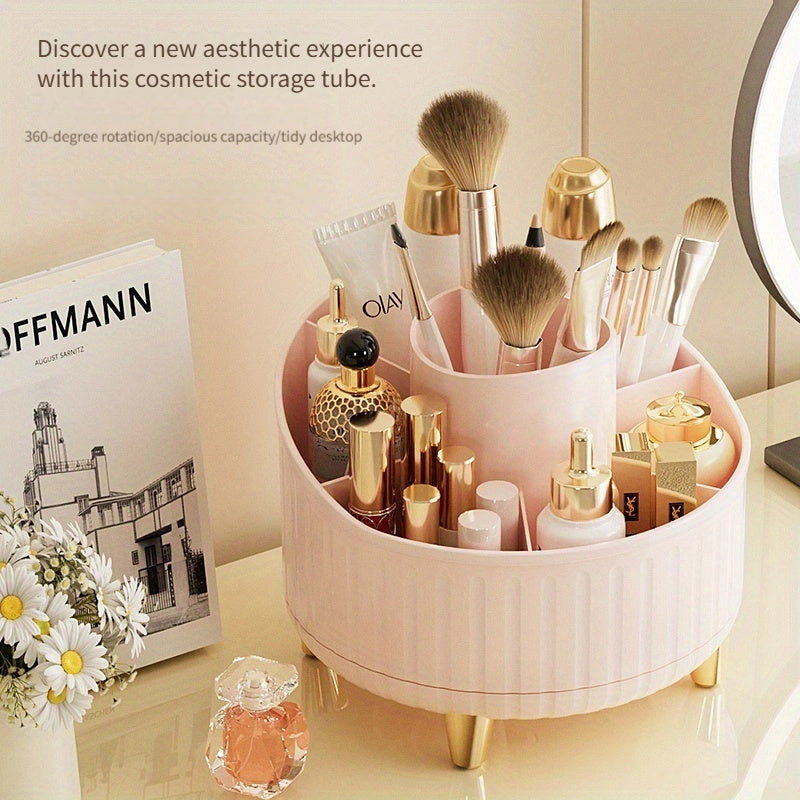 Stylish minimalist desktop makeup organizer rotates 360° with large capacity, 3 color options, and sturdy golden base. Holds lipsticks, lotions, pencils, and brushes with 7 large slots for