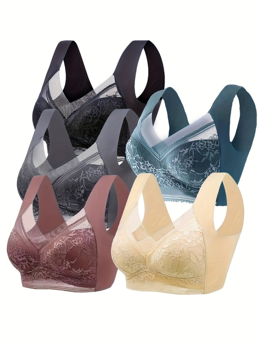 5 Contrast Lace Wireless Push Up Bras with Comfort and Breathability for Women's Lingerie & Underwear