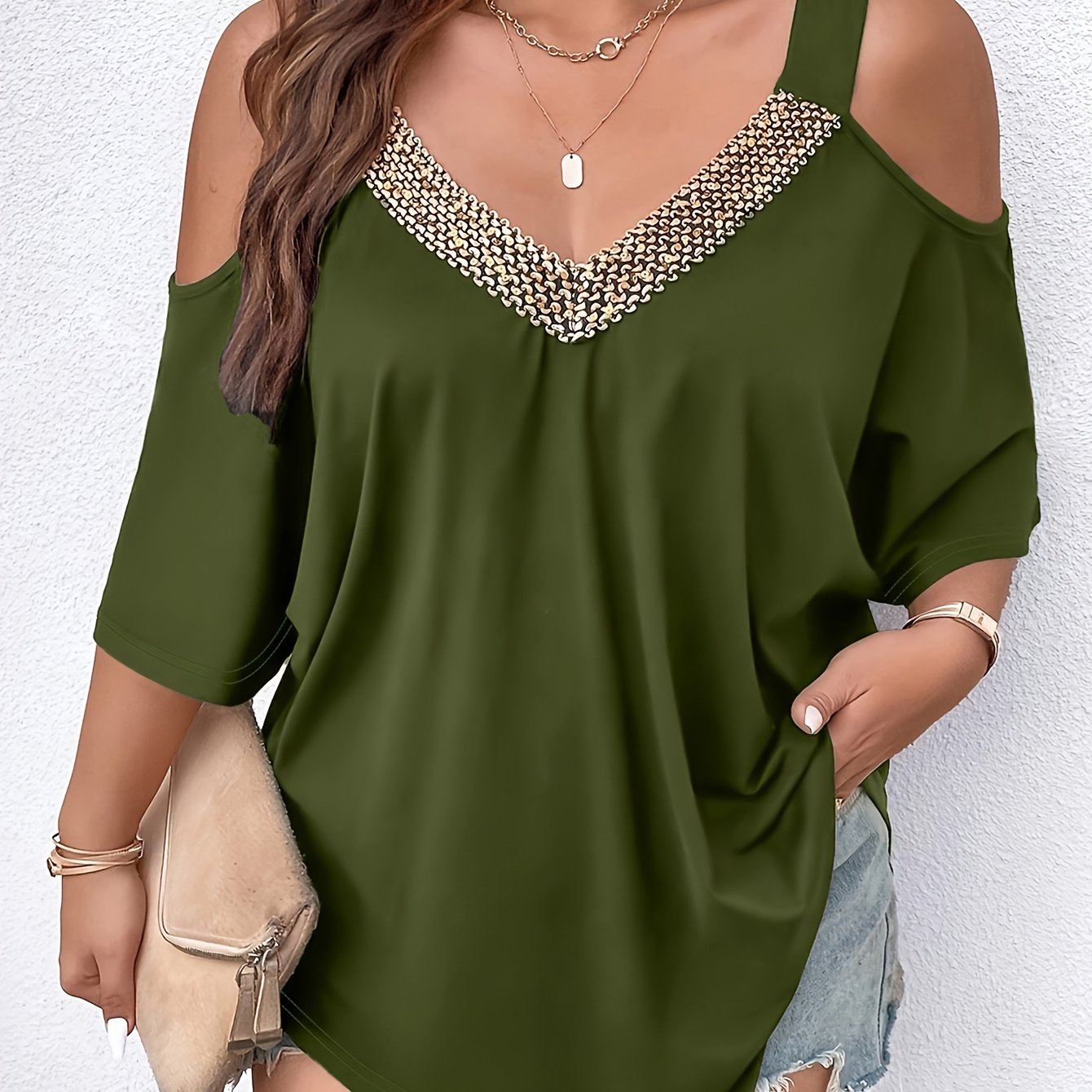 Cold shoulder V neck T-shirt, asymmetrical hem top for spring & summer, women's plus size clothing.