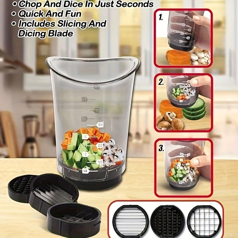 Versatile 3-in-1 Manual Food Slicer & Chopper - Ideal Kitchen Tool for Creating Salads, Stir Frys, and More - Effortlessly Dice, Slice, and Measure with Safety Guard - Easy to Clean in the Dishwasher