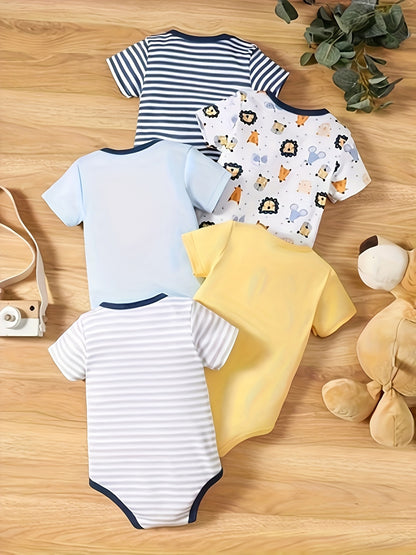 5 Baby boys jumpsuits with cartoon lion and stripe pattern, short sleeves, made of 100% cotton for outdoor activities.