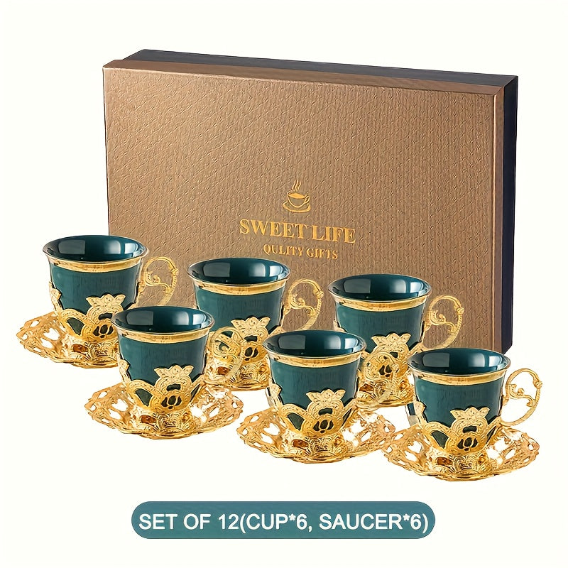 Golden 2.8oz Ceramic Tea Set with Gift Box, including Sakura Train Set, Turkish Arabic Coffee Cups, Espresso Cups with Saucer Plates and Spoons.