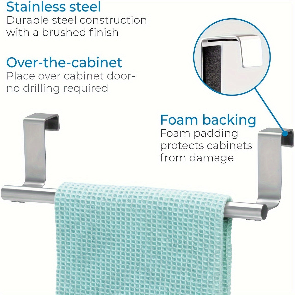 Steel towel bar for door or cabinet storage, holds hand and dish towels in kitchen or bathroom.