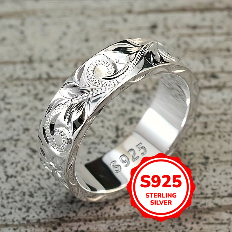 Vintage Bohemian wide ring with carved leaf flower design in S925 pure silver, a exquisite gift.