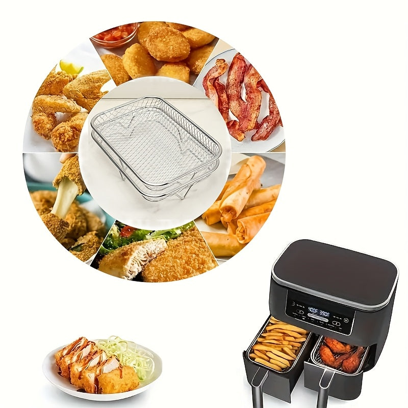 Get two pieces of 304 Stainless Steel Air Fryer Accessories that includes a multipurpose rectangular rack and stackable microwave stand. This food contact safe kitchen tool is compatible with most air fryers, making cooking easy and convenient.