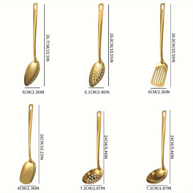 Set of 6 stainless steel utensils in golden, black, and silvery. Includes spatula, rice spoon, colander, and soup spoon. Ideal for buffets, banquets, and gatherings. Mirror polished and dishwasher safe.