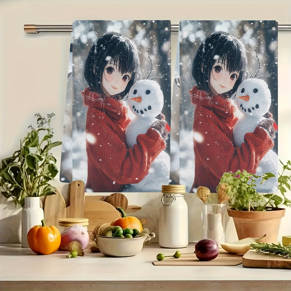 2 pieces of Kitchen Towels with ultra soft, highly absorbent material. Featuring a charming anime girl with short black hair and a red sweater making a snowman in the winter. Perfect for holiday decor, machine washable, and measures 16x24 inches. Item