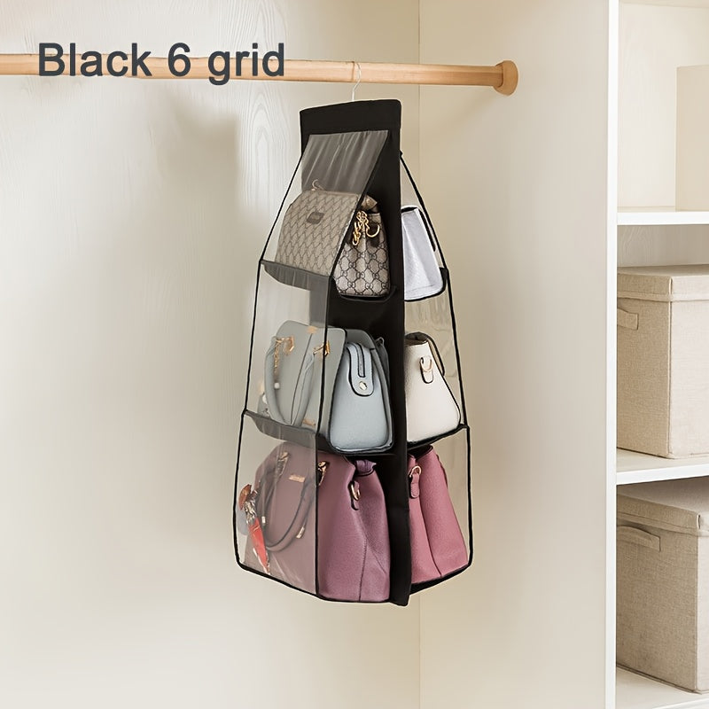 Elegant fabric wall hanging closet organizer with secure pockets in black & dark grey.