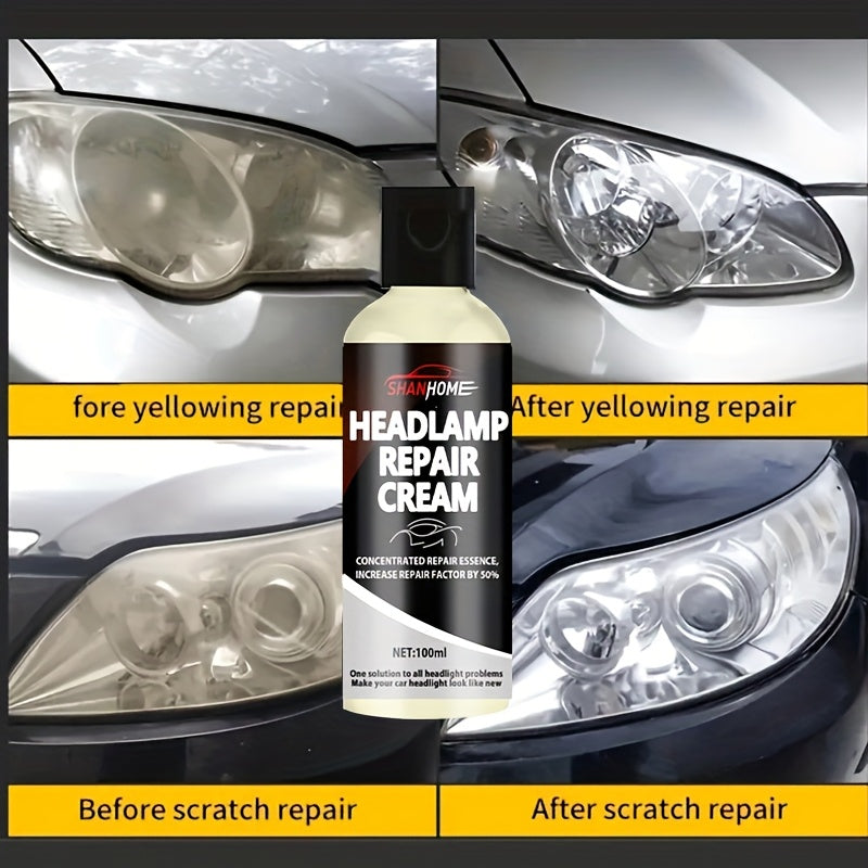 100ml Car Headlight Restoration Kit - Provides Crystal Clear Coating, Scratch Repair, Anti-Yellowing Treatment, Made with PE Material.