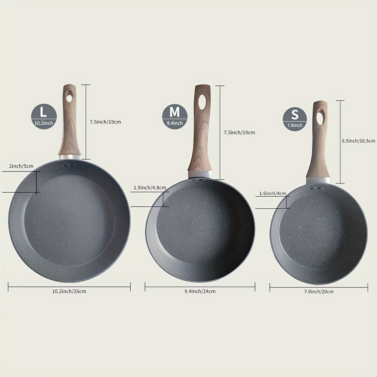 Non-stick aluminum frying pan designed for frying eggs and steaks on household induction cookers and gas stoves. Constructed with gray granite stone for durability.