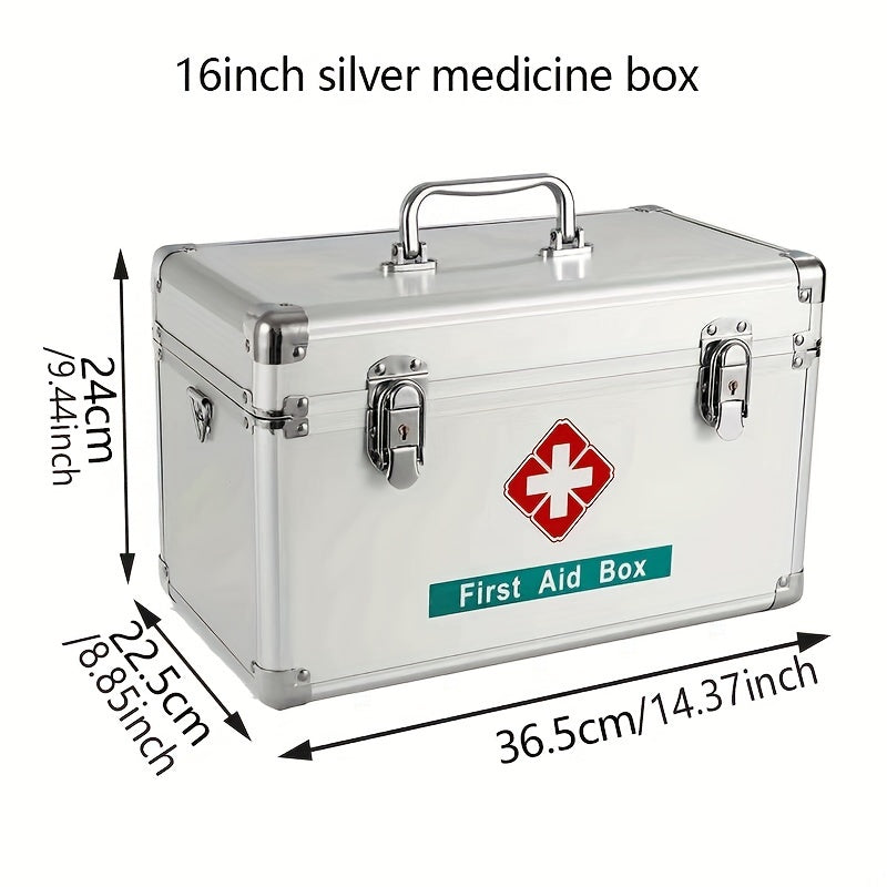 Portable aluminum first aid kit with multiple storage layers for indoor and outdoor use.