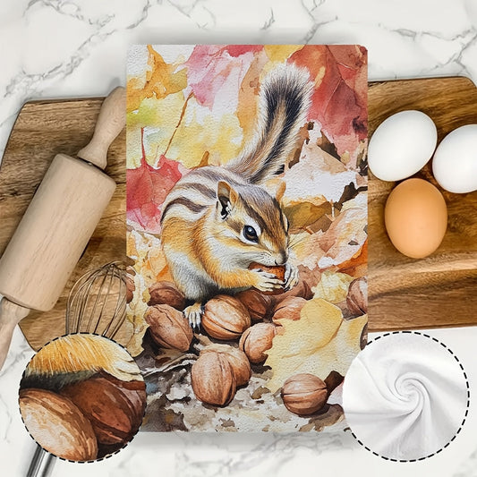 Set of 2 Ultra Soft Kitchen Towels featuring Chipmunk & Autumn Nuts Design. These Highly Absorbent & Quick-Dry Dish Hand Towels are Machine Washable and measure 40.64x60.96 cm. Ideal for Holiday Decor and as Dish Towels.