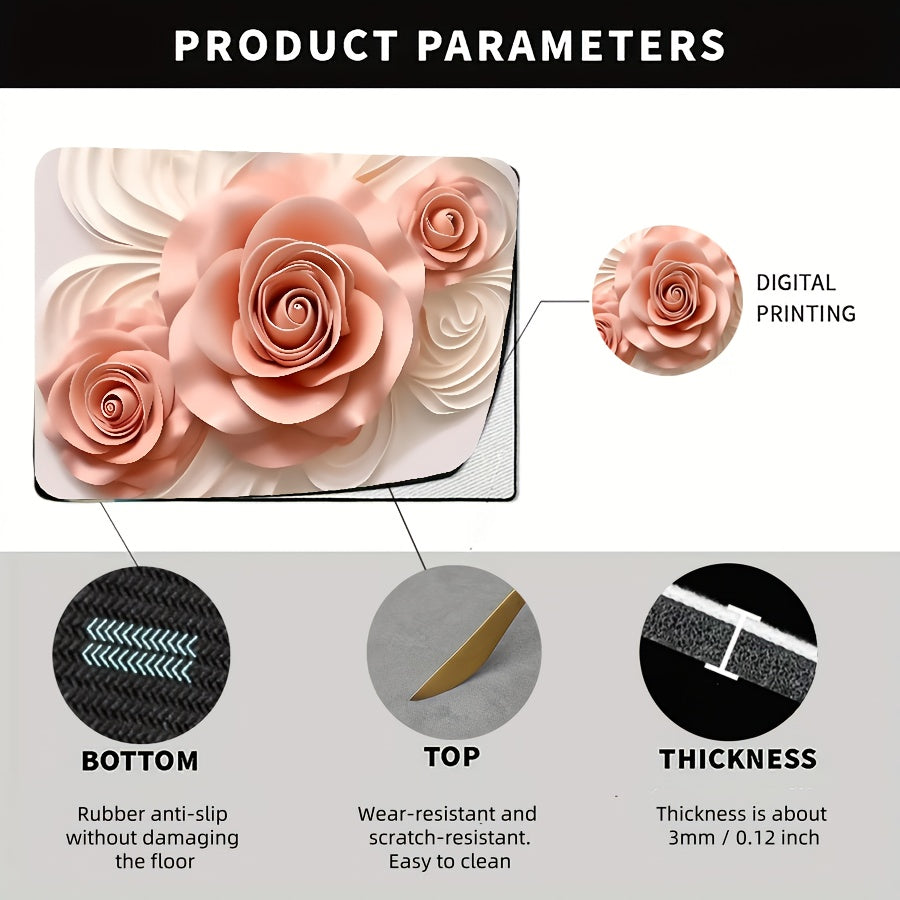 Polyester Kitchen Mat with Festive 3D Rose Design - Anti-Slip, Quick-Dry Tableware Drying Pad - Perfect for Christmas, Halloween, Thanksgiving - Protects Your Home Decor and Desk, Great for Pets