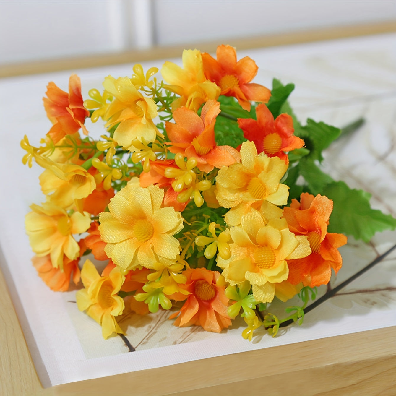 Prom artificial daisy bouquet with plastic faux wild chrysanthemums for indoor and outdoor decor.