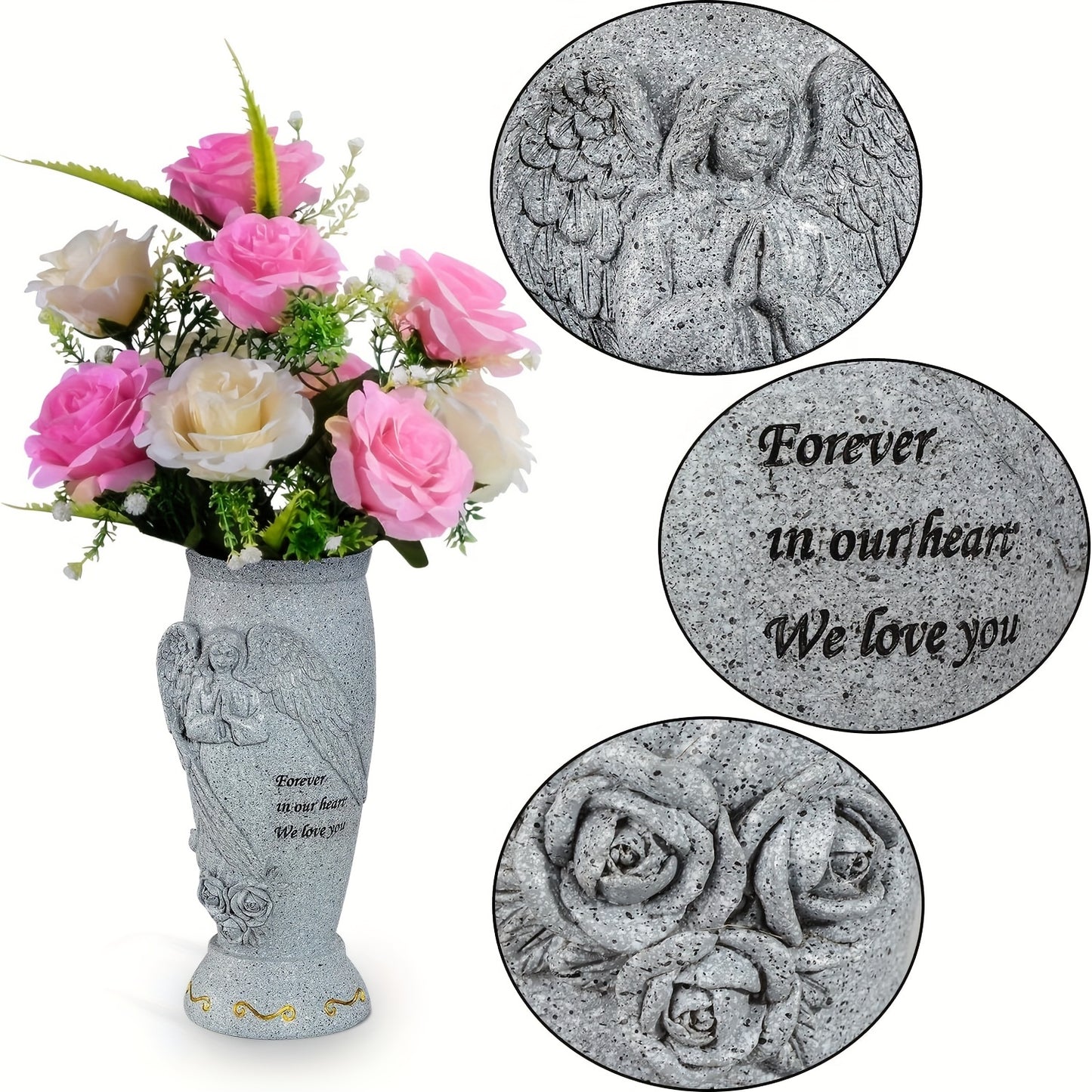 Elegant Angel Memorial Cemetery Vase with ground spikes for fresh or artificial flowers. Engraved with "Forever in Our Heart" design. Perfect sympathy gift for loved ones and Memorial Day