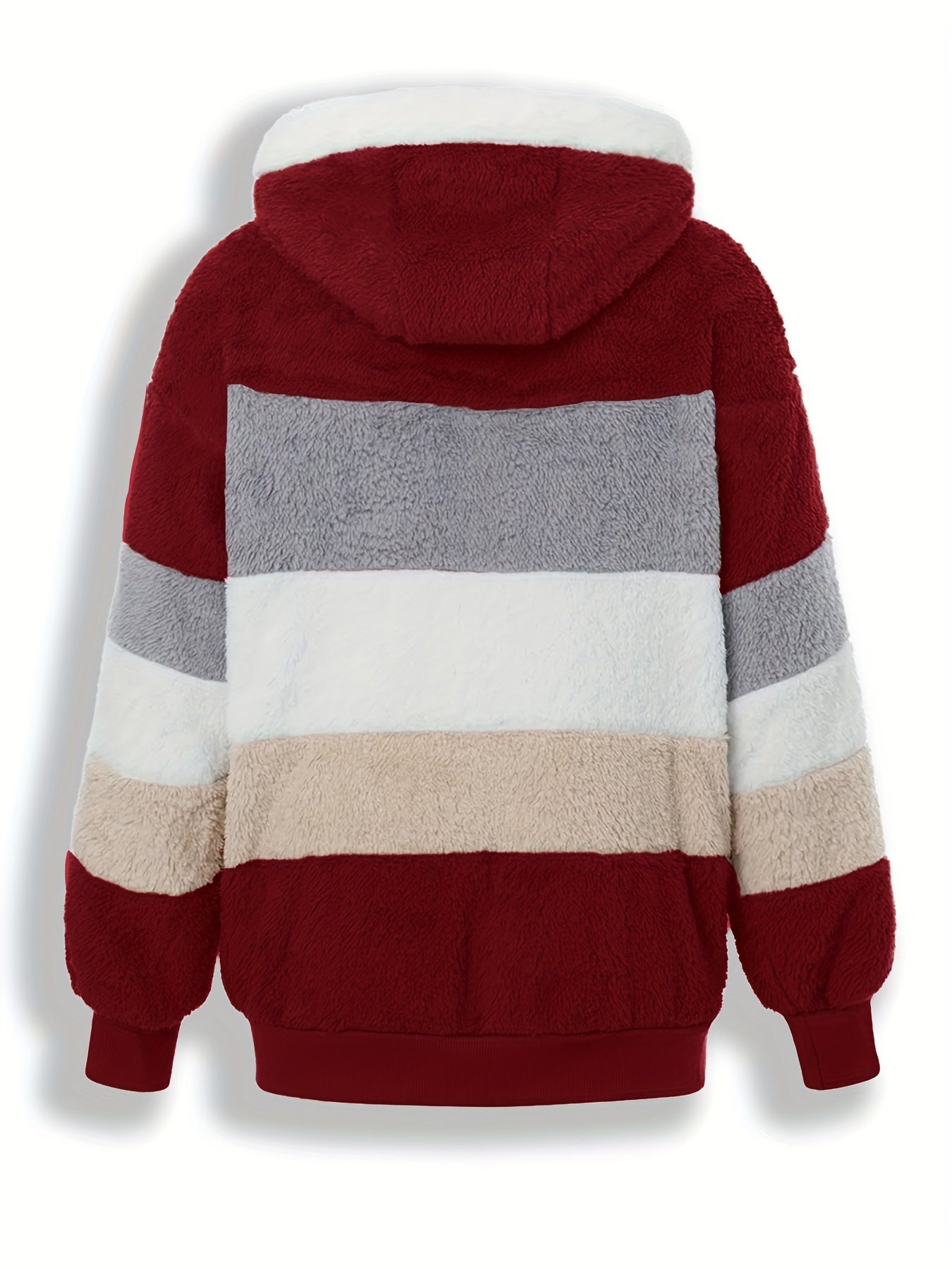 Women's plus size striped fuzzy hooded coat for fall & winter, casual & warm with zipper.