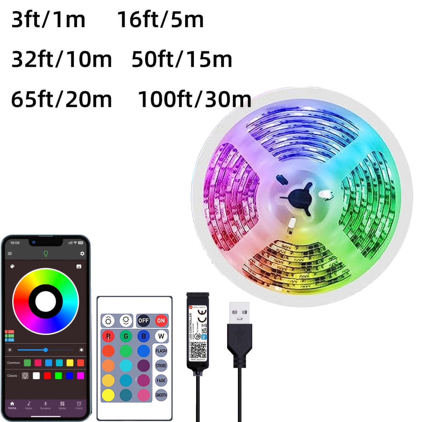 91.44cm-30.48m RGB LED strip lights with remote & app control, adjustable brightness, DIY mode, USB powered, ABS material, non-rechargeable button battery, for bedroom, living room, TV