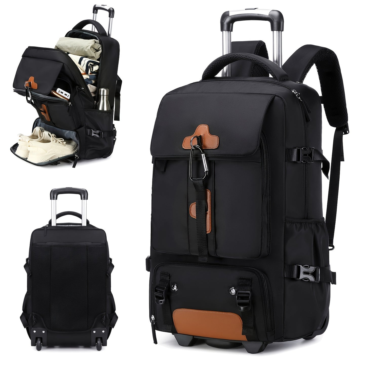 Rolling backpack for 17-inch laptop with shoe compartment for men and women. Suitable for business and school.