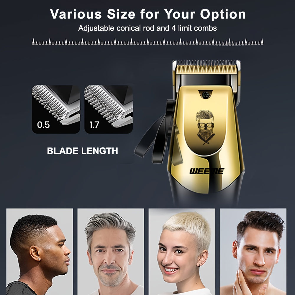 Golden hair cutting set for men includes professional clipper, razor, and trimmer. USB rechargeable with LCD display. Perfect gift for fathers, boyfriends, Father's Day, birthdays, and