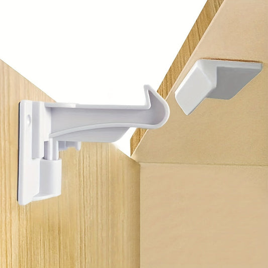 Childproofing latch for drawers and cabinets made of Phthalate-Free ABS material featuring a 6-pack of safety cabinet locks. No tools required for easy press-to-open access.