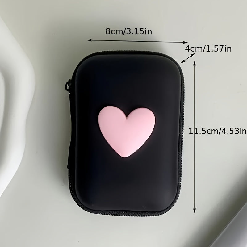 Heart-shaped PU leather case for earphones and charger with zipper closure. Features anti-fall design, cable organizer, and no battery required.