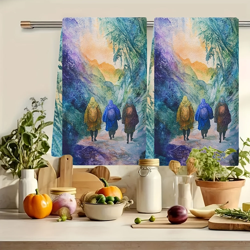 Two pieces of incredibly soft kitchen towels featuring Scripture texts from The Pilgrim's Journey. These towels are highly absorbent, machine washable, and have a vibrant watercolor design. Each towel measures 40.64x60.96 cm.