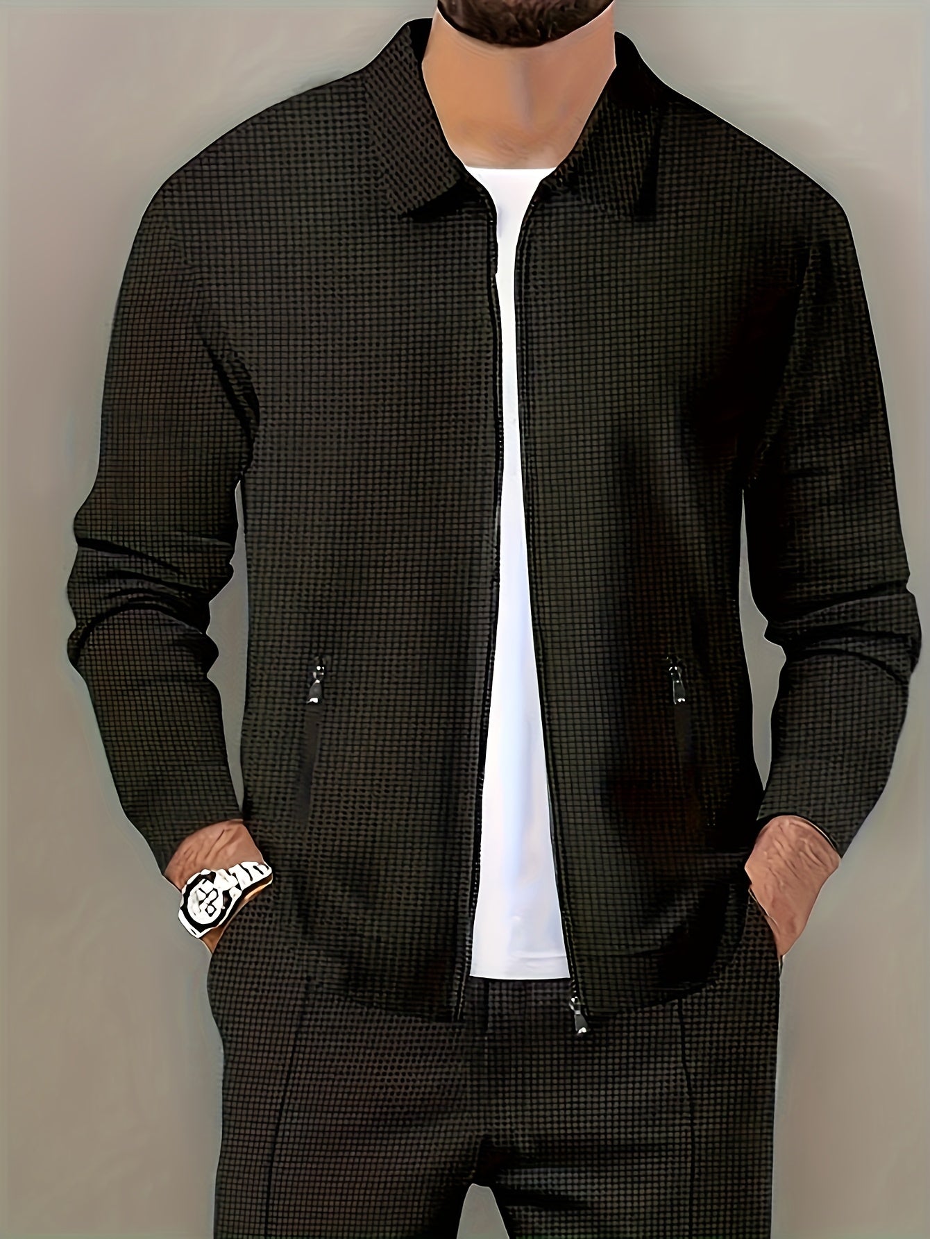 Men's Casual Sports Set with Polyester Knit Fabric, Solid Color, Regular Fit, Zip Closure, for Spring/Autumn Collection.