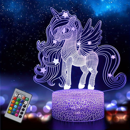 3D Illusion Unicorn Night Light with Remote Control, Dimmable LED Night Light featuring Intelligent Touch Technology. Includes USB Data Cable and Multi-color Color Changing Decorative Light.