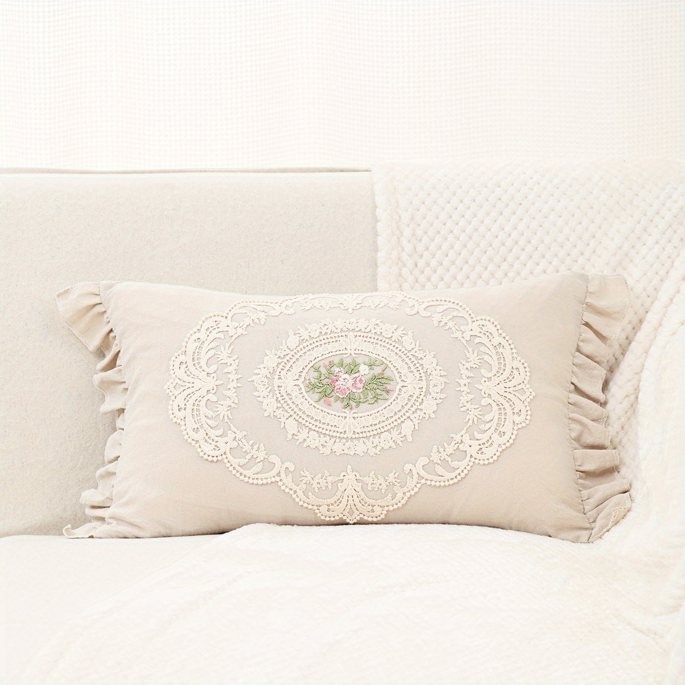 Rustic embroidery pillow case with French ruffle, for living room or bedroom decor. No pillow insert, available in 18"x18" or 12"x20" sizes.