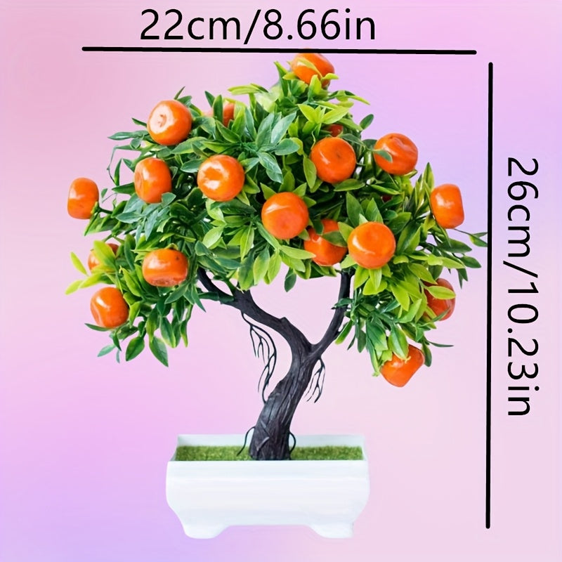 Artificial Orange Tree Bonsai with realistic green foliage, ideal for home and office decor. Comes with white pot and moss base, great for gifting on various occasions.