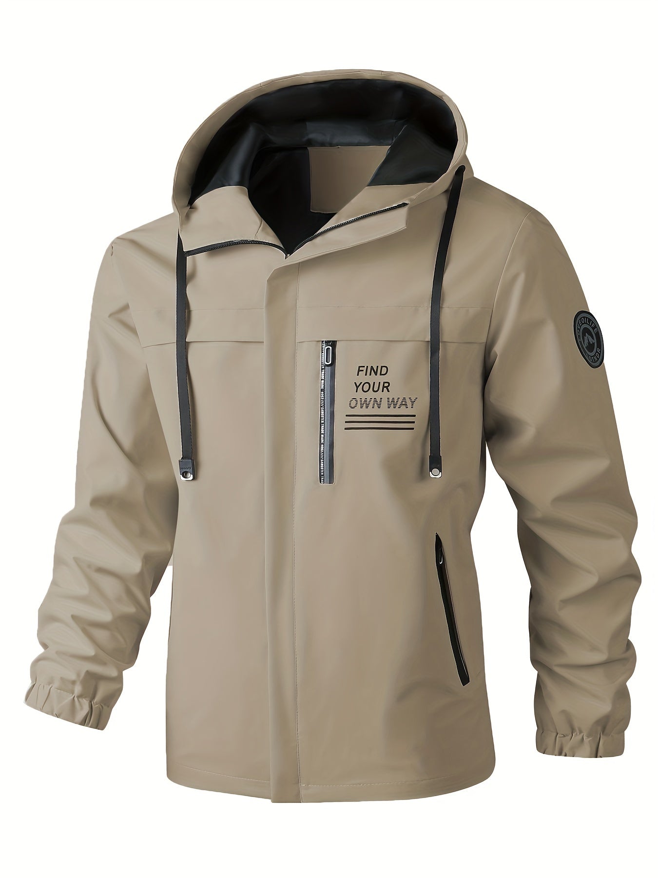 Men's hooded windbreaker jacket with zip pockets for travel and leisure.