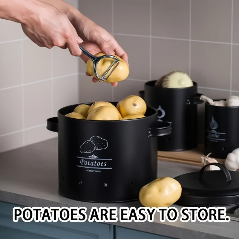 Metal storage canister set with 3 pieces, designed for storing garlic, onions, and potatoes. Vent holes ensure optimal freshness and preservation of vegetables in durable container jars.