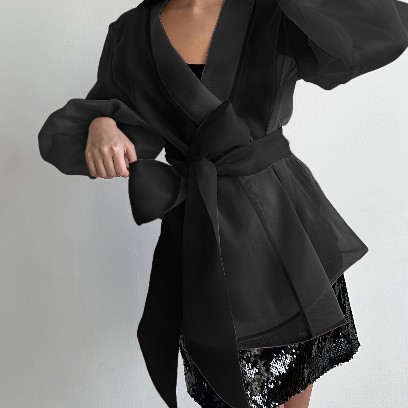 Stylish plus-size women's sheer mesh kimono cardigan with butterfly bow tie, bubble sleeves, and chic polyester material. Hand-washable and suitable for all seasons.