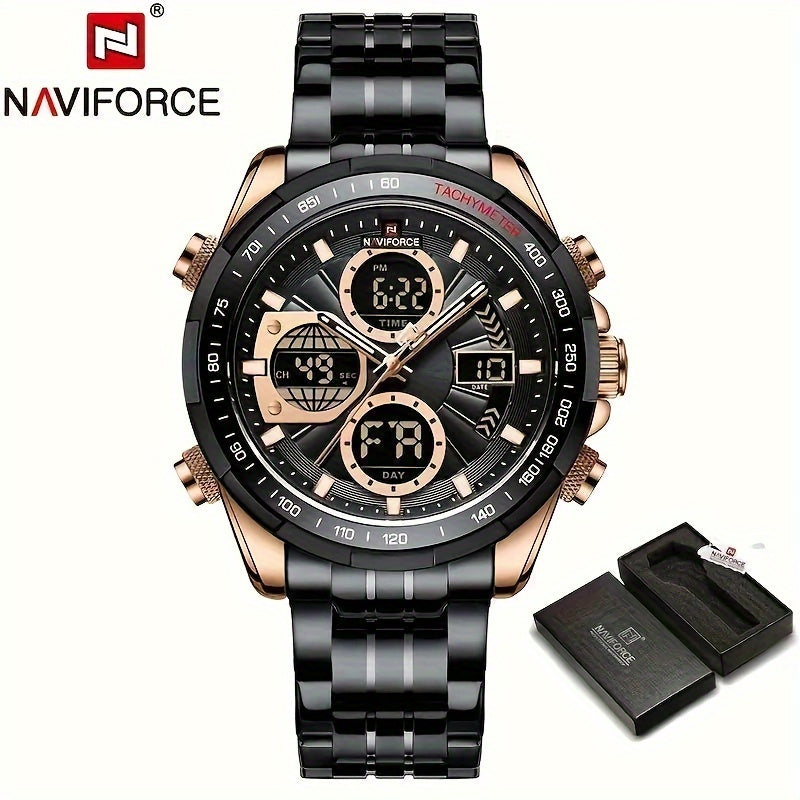 NAVIFORCE Men's Luxury Sports Quartz Watch - Waterproof, Genuine Leather Strap, Dual Display with Date & Chronograph Functions, Stainless Steel Case, Green Accents, Tachymeter Equipped