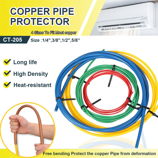 Copper pipe protector for air conditioning, 3m flexible insulation sleeve, fits various pipe sizes, heat-resistant tool for HVAC systems.