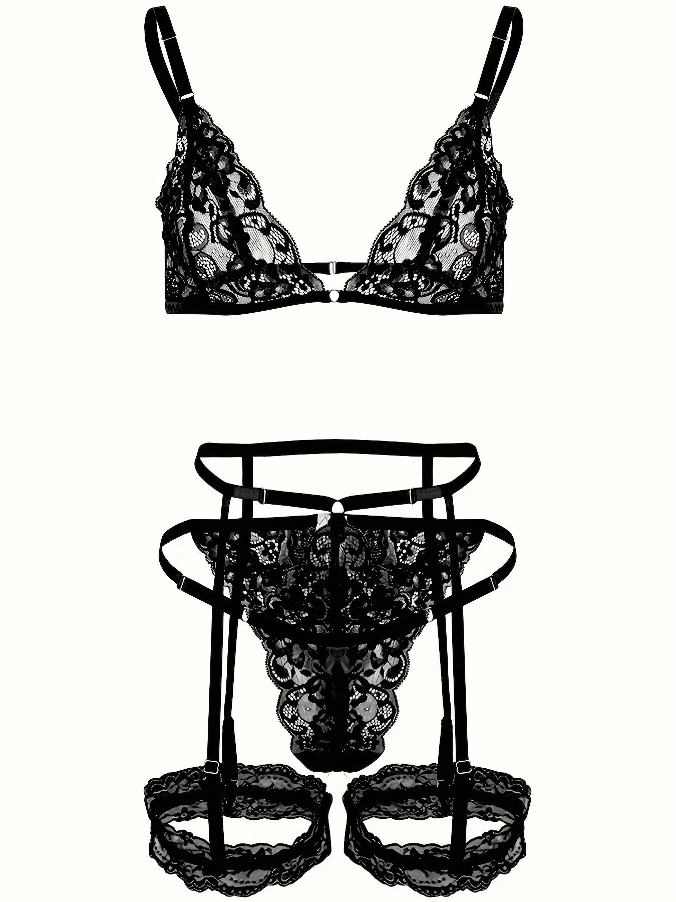 4-piece set of sexy lingerie with lace triangle cup bra, panties, suspender socks, and seduction ring in European and American styles.