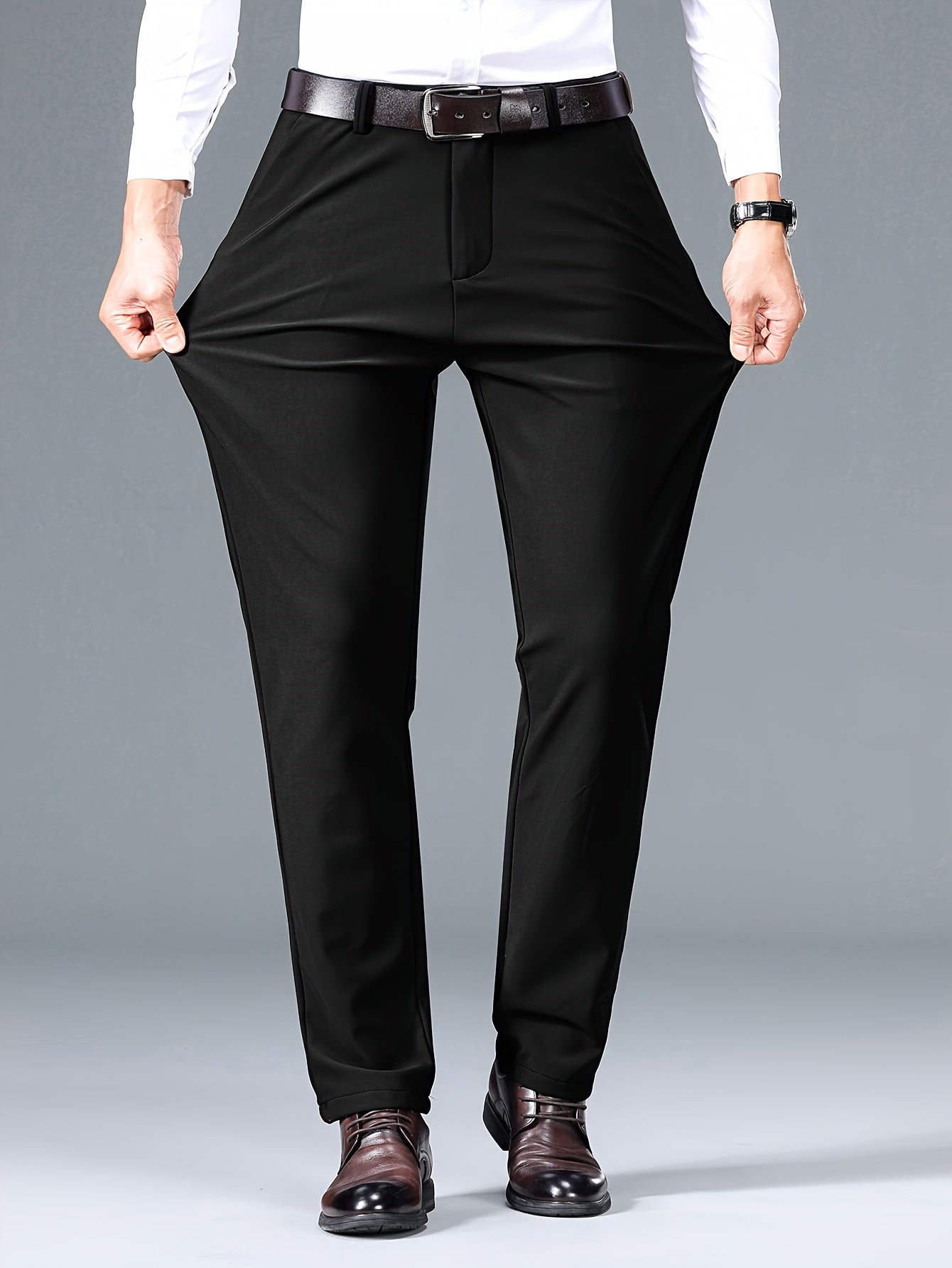 Slim fit stretchy men's pants suitable for both business and casual wear.