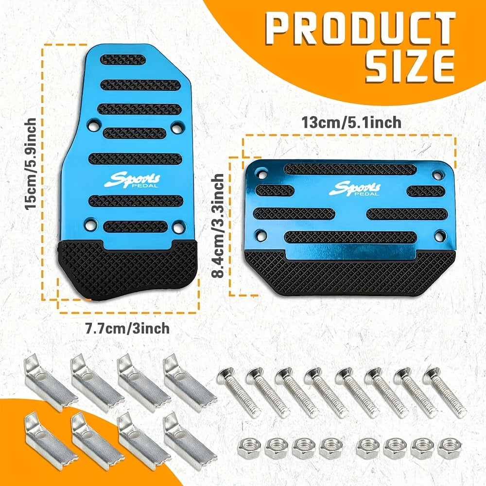 Car pedal pad set includes 2 pieces for automatic transmission with non-slip alloy covers for brake, gas, and clutch pedals. Great for cars, SUVs, and ATVs.