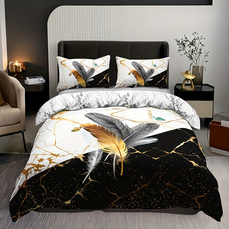 3-piece soft and breathable duvet cover set in black and white marble feather print, including 1 duvet cover and 2 pillowcases (no insert), suitable for all seasons.