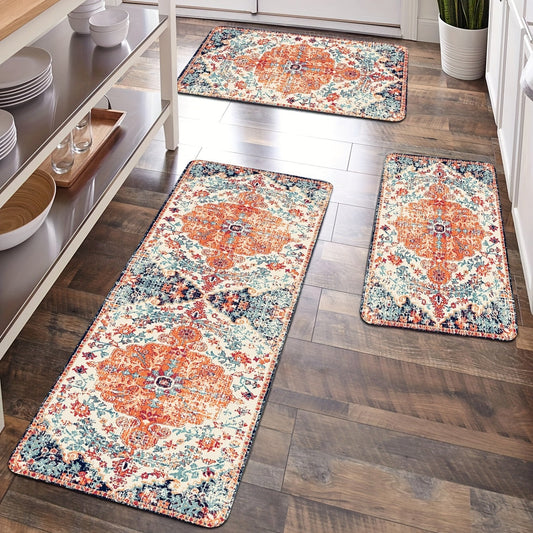 Vintage Boho Anti-fatigue Kitchen Mat with Persian design, made of polyester with anti-slip backing. Can be used as a hallway carpet, bath mat, laundry floor mat, entrance doormat, or household runner rug. Washable and absorbent, perfect for use in the