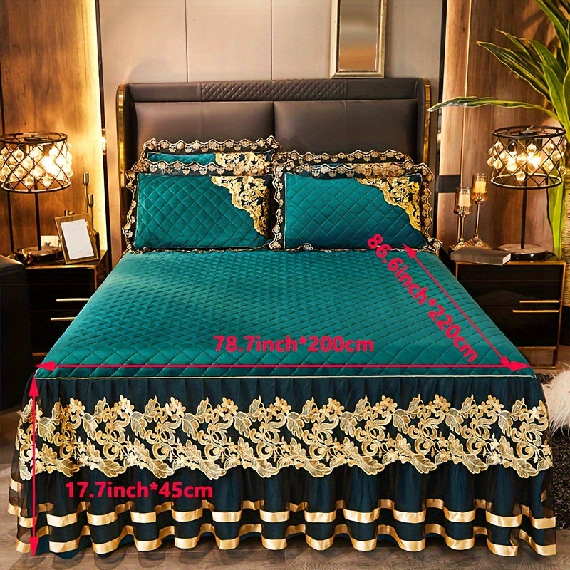 3-piece set of solid color bed skirts with lace detail, including 1 bed skirt and 2 pillowcases. Features a quilted layered design with elegant ruffled accents. The moisture-wicking, wrinkle-resistant mattress cover includes ties for easy removal.