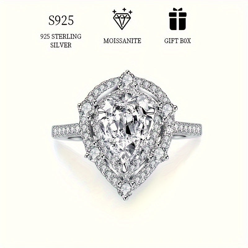 Elegant Valentine's Day and Mother's Day Gift: Double Layer Love Ring for Women made of Hypoallergenic 925 Sterling Silver with a 2ct Pear Shaped Moissanite. Perfect for Engagement or Wedding, comes with Moissanite Certificate and Exquisite Gift Box.