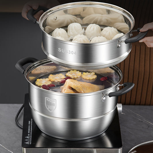 Versatile Stainless Steel Kitchen Set: Features a Stockpot and Steamer with Comfortable Silicone Handles