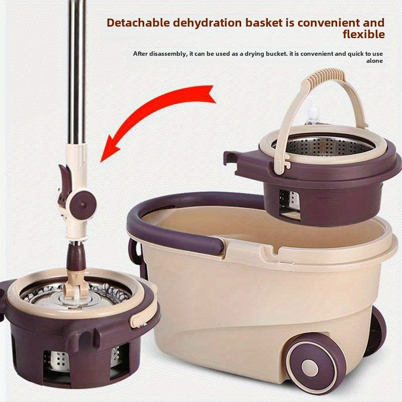 Spin mop and bucket set with detachable dehydration basket, hands-free washing, manual press system with wheels, suitable for cleaning living room, bedroom, bathroom, glass, and floors.