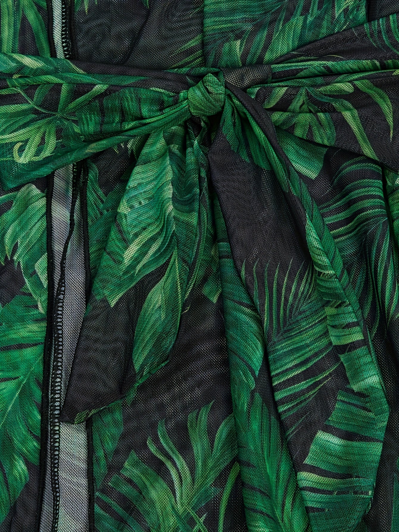 Plus size long sleeve tropical print kimono cardigan in vibrant green leaf design. Made of high-stretch polyester blend, perfect for Palm Sunday and summer outfit. Open front